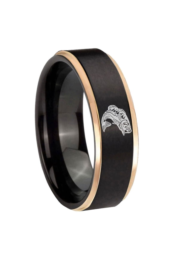Bass Fishing 8MM Step Edge Black And Rose Gold Tungsten Men Ring