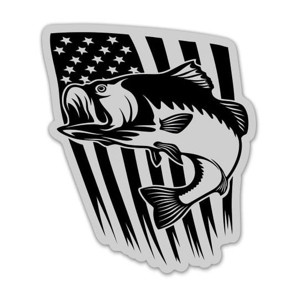 Bass Fishing American Flag Gray - 5" Vinyl Sticker - For Car Laptop I-Pad - Waterproof Decal