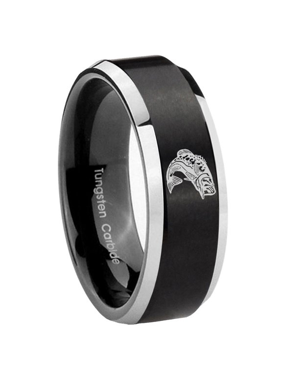 Bass Fishing Beveled Edge Brush Black 2 Tone Tungsten Men Ring 10MM