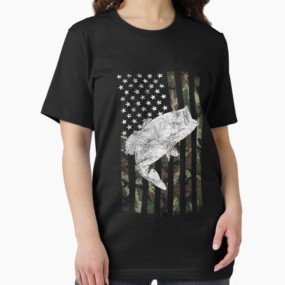 Bass Fishing Camo Flag Big Mouth On Back Outdoors Sport T-Shirt, for Men & Women, up to Size 5XL