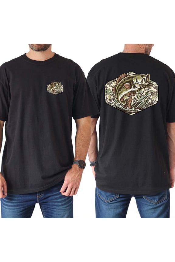 Bass Fishing Camo Hunting Double Sided T-Shirt – Old School Camouflage Outdoor Tee for Dad, Husband & Men, Southern Style Fisherman Shirt, Father’s Day Guy Gift for Believers