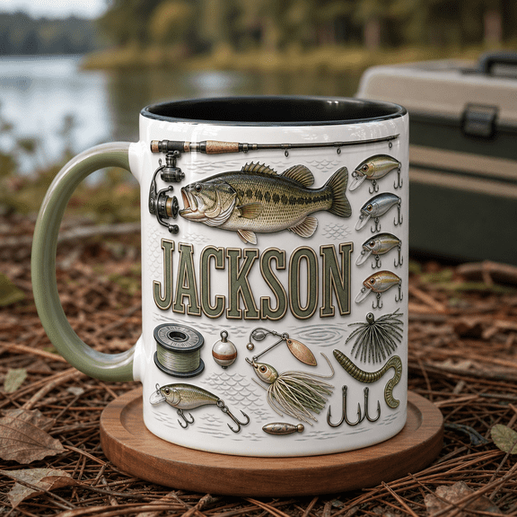 Bass Fishing Dad Accent Mug, Custom Mug with Bass Fish Lure Collection, Father's Day Gift for Dad