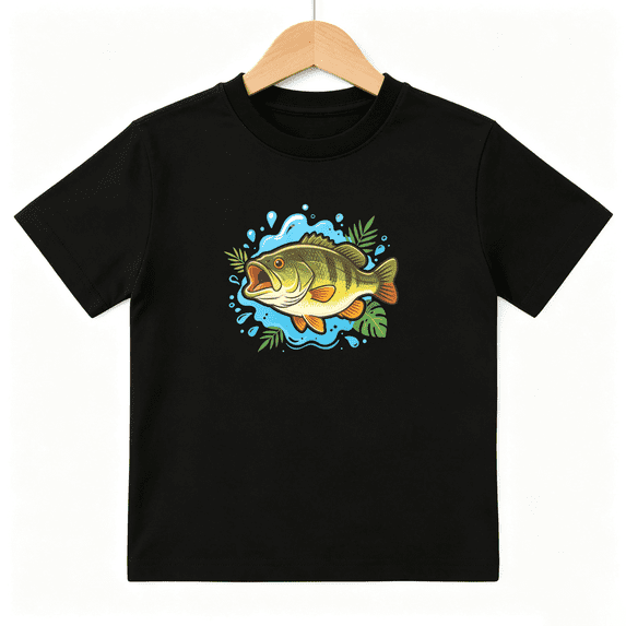 Bass Fishing Fish Girls Graphic Tee, Cute Green Ocean River 100% Cotton Kids Short Sleeve T-Shirt