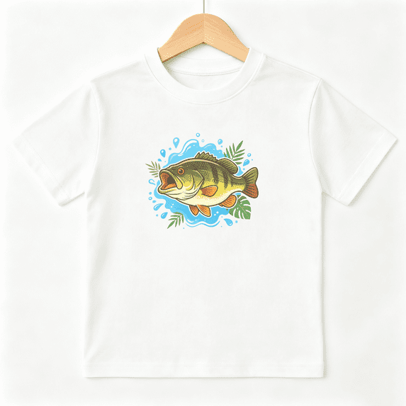 Bass Fishing Fish Girls Graphic Tee, Cute Green Ocean River 100% Cotton Kids Short Sleeve T-Shirt