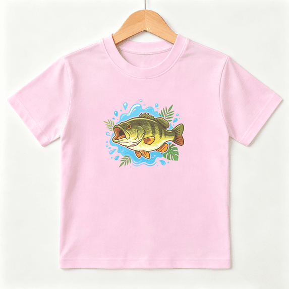 Bass Fishing Fish Girls Graphic Tee, Cute Green Ocean River 100% Cotton Kids Short Sleeve T-Shirt