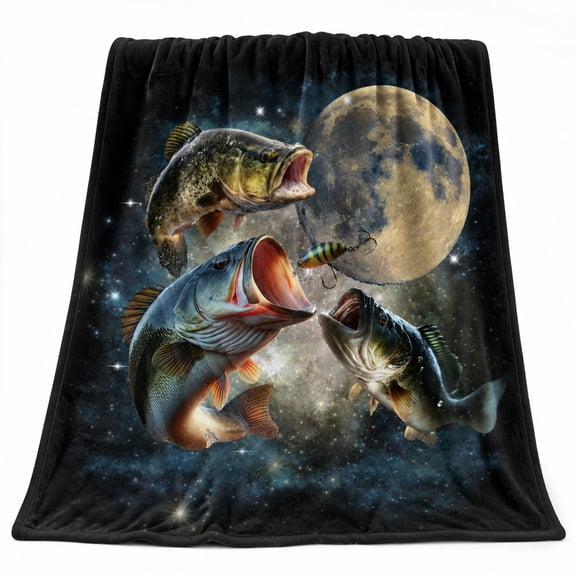 Bass Fishing Fleece Blanket, 3D Print Polyester Throw Blanket, Moon Night Fish Design, Soft 280gsm Blanket for Couch, Bed, Camping, Gifts