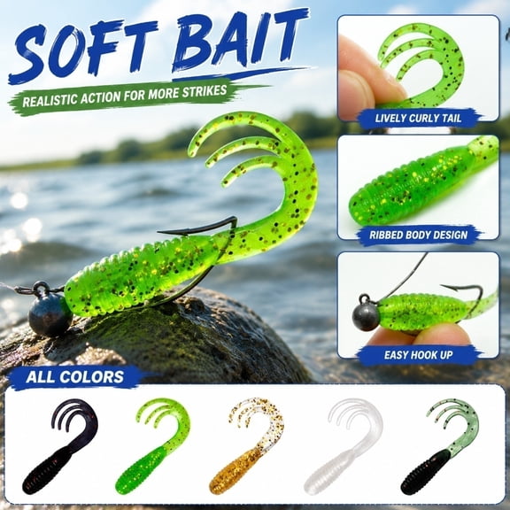 Bass Fishing Lure Soft Plastic Bass Fishing Lures 2 Inch Gold Flake Curly Tail Grub Freshwater Fishing Lures for Bass 1 Pack