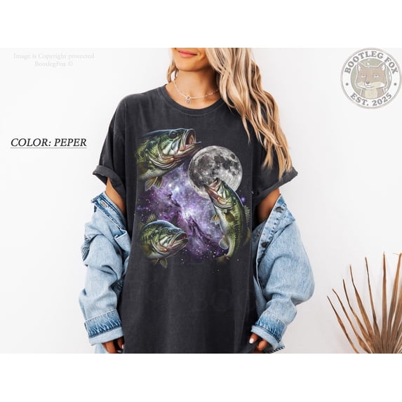 Bass Fishing Moon Graphic T-Shirt Vintage Largemouth Fish Angler ...