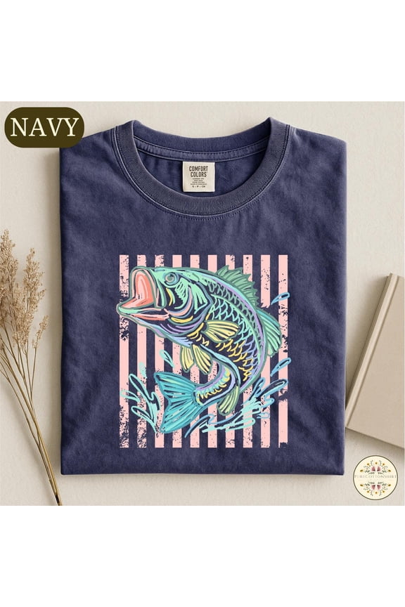 Bass Fishing Shirt, Pastel Fish Graphic Sweater, Outdoor Fishing Lover Gift, Striped Fisherman T-shirt, Summer Lake Life Top