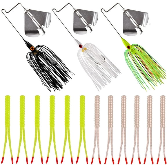 Bass Fishing Spinner Lures Kit Buzz Baits with Split Tail Spinnerbait Jigs Spinning Lure Soft Plastic Worm Baits for Bass Pike Trout Fishing