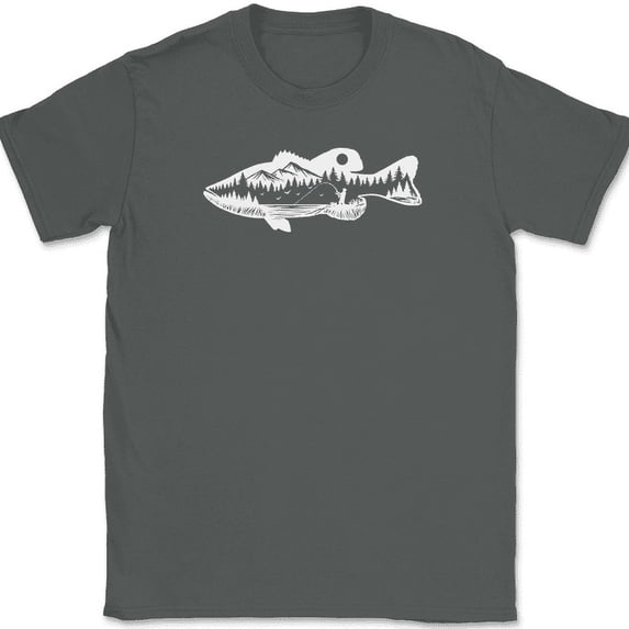 Bass Fishing T-Shirt Landscape Pole Rod Reel Fly Graphic Gift Tee - Charcoal, 2XL