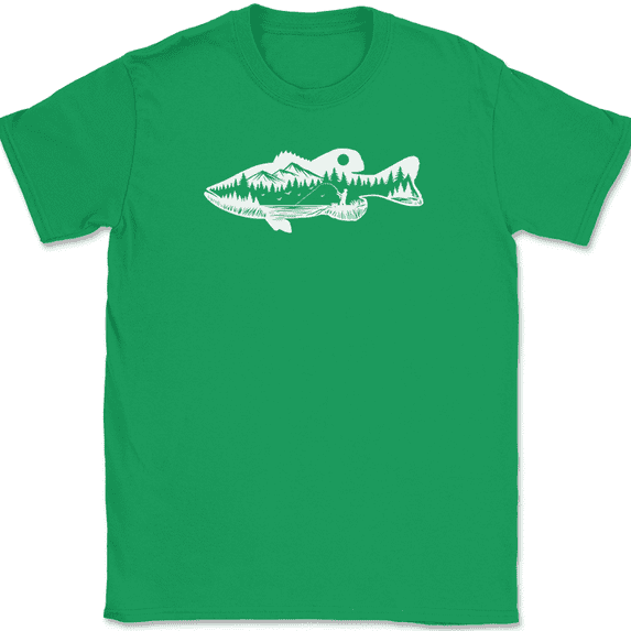 Bass Fishing T-Shirt Landscape Pole Rod Reel Fly Graphic Gift Tee - Green, 2XL