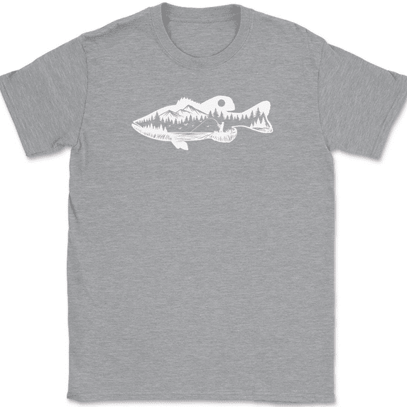 Bass Fishing T-Shirt Landscape Pole Rod Reel Fly Graphic Gift Tee - Heather Grey, XL