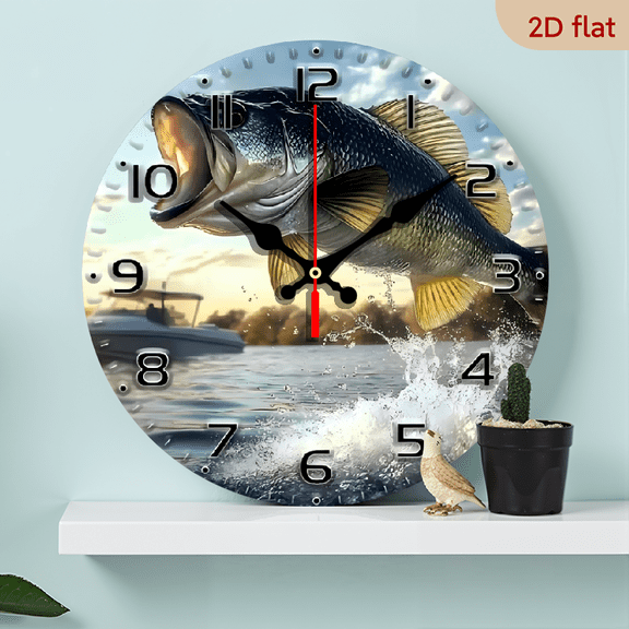 Bass Fishing Wall Clock, Leaping Fish with Boating Scene, Outdoor & Fishing Enthusiasts Decor, Dynamic Water Sports Art for Lake House & Fishing Cabin