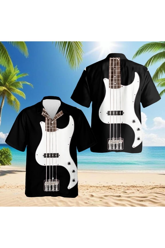 Bass Guitar Hawaiian Shirt for Men, Vintage Style, Button Down Summer Beach Short Sleeve, S-5XL