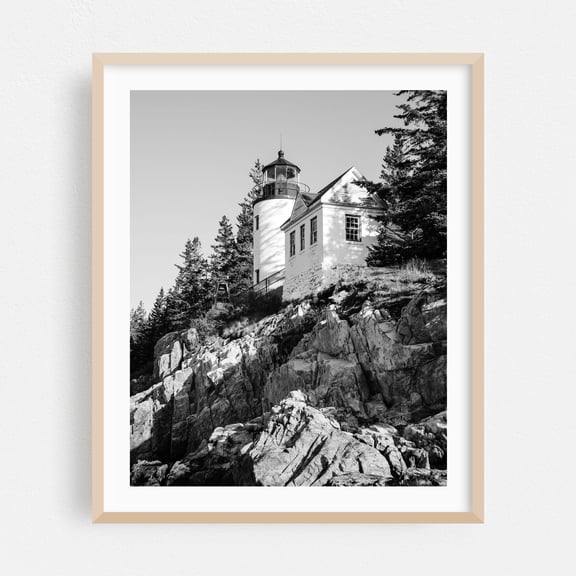 Bass Harbor Lighthouse 01 B&W - Maine Photography Lighthouse Black and White Coast Nature Landscape Architecture Scenic Oak Framed Wall Art Print 6 x 8 inches