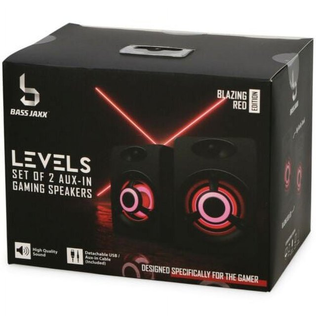 Bass Jaxx Levels Set of 2 Aux In LED Light PC Gaming Speakers Red and