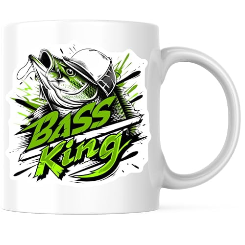 Bass King Coffee Mug - Fishing Lover Gift Idea - Unique 11 Ounce Coffee Cup - Design Printed On Both Sides - High Quality Ceramic - BMCM3356