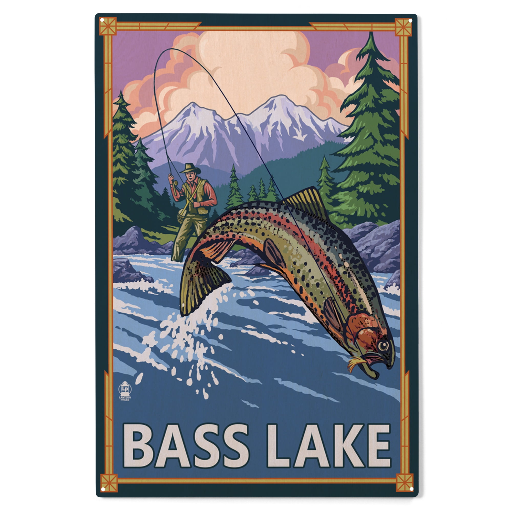 Bass Lake, California, Angler Fly Fishing Scene (Leaping Trout) Birch Wood  Wall Sign (12x18 Rustic Home Decor, Ready to Hang Art) 