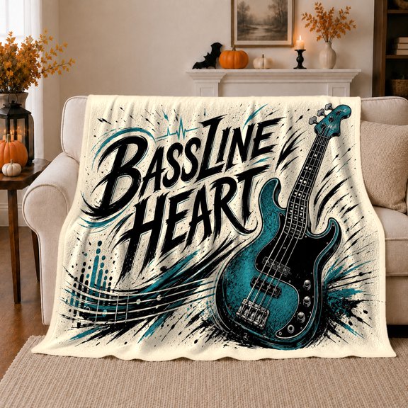 Bass Line Heart Passion Music Theme Teal Black, Cozy Typography Art Scene, Warm Flannel Blanket for Living Room and Reading Nook, Art Lovers Appreciation Gift, Artistic Home Decor