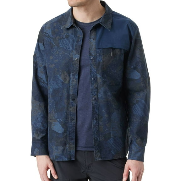 Bass Outdoor Mens Regular fit Shacket Coat Small Blue Camouflage Stretch