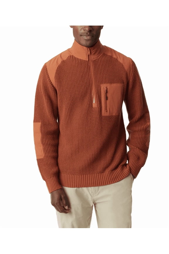 Men's Quarter-Zip Long Sleeve Pullover Patch Sweater - Burnt Orange