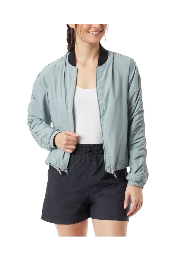 Women Bomber Jacket Coat Large Blue Solid