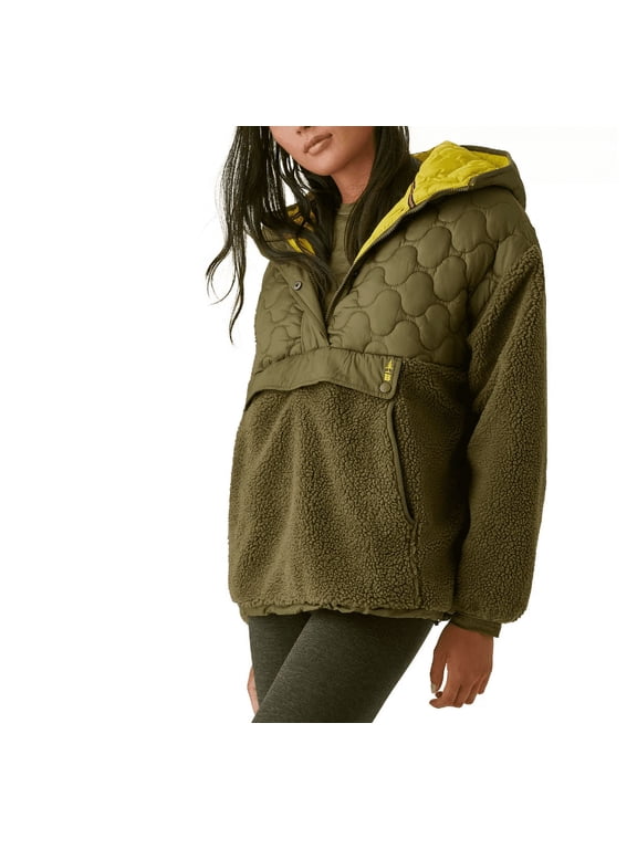 Women's Mixed Media Ripstop Quilted Sherpa Hooded Jacket, Green, Medium