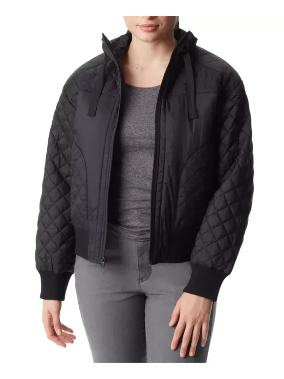 Women's Quilted-Trim Zip Bomber Jacket, Black, M