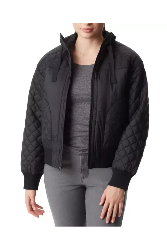 Women's Quilted-Trim Zip Bomber Jacket, Black, M