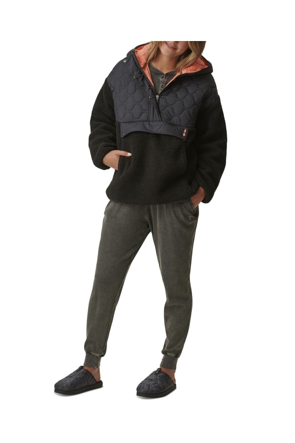 Womens Mixed Media Ripstop Quilted Sherpa Hooded Jacket Black L