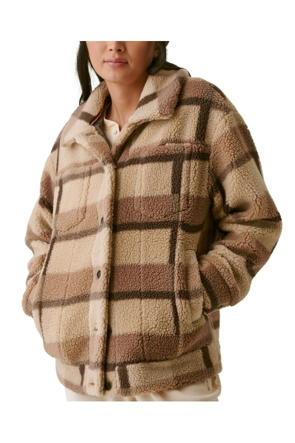 Womens Plaid Button Up Boyfriend Shacket Brown Plaid L