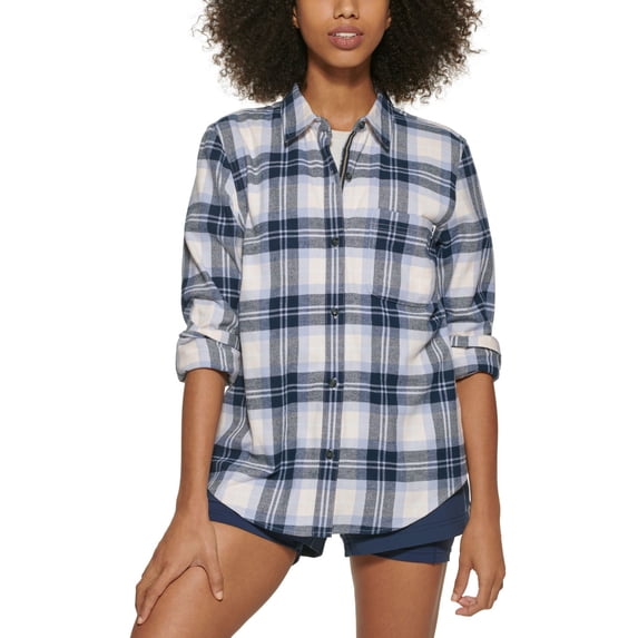 Bass Outdoor Womens Plaid Windsor Stretch Flannel Button Down Shirt
