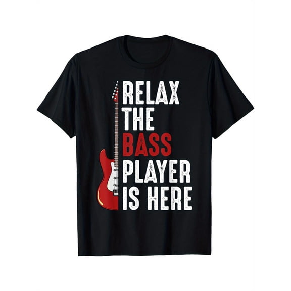 The Bass Player Is Here" Graphic Tee – Black Cotton Casual Shirt with Electric Bass Design, Machine Washable, Ideal for Musicians and Music Enthusiasts