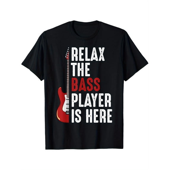 The Bass Player Is Here" Graphic Tee – Black Cotton Casual Shirt with Electric Bass Design, Machine Washable, Ideal for Musicians and Music Enthusiasts
