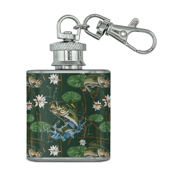 Bass Pond Lilly Pads Fish Fishing Stainless Steel 1oz Mini Flask Key Chain