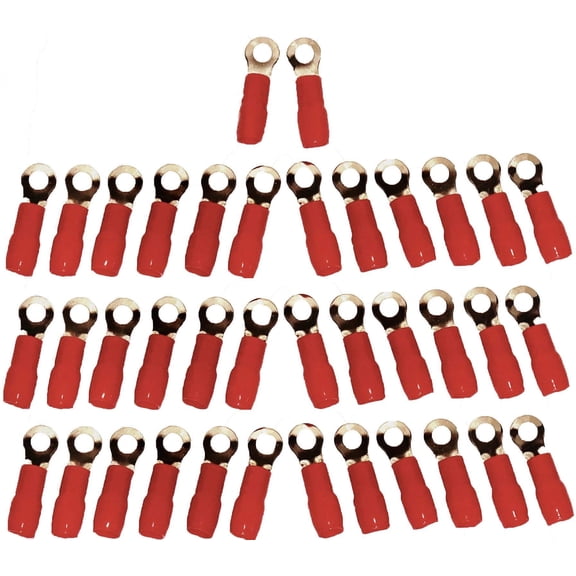 Bass Rockers 4 Gauge AWG Gold Plated Crimp Ring Terminals - Amplifier Car Audio Accessories | Power Ground Wire Battery Cable Connectors Red Insulated - TR4G 50pcs