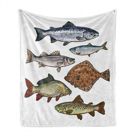 Bass Soft Flannel Fleece Throw Blanket, Digital Drawing Various Species of Fish on Plain Background Marine Themed Print, Cozy Plush for Indoor and Outdoor Use, 50" x 60", Multicolor, by Ambesonne