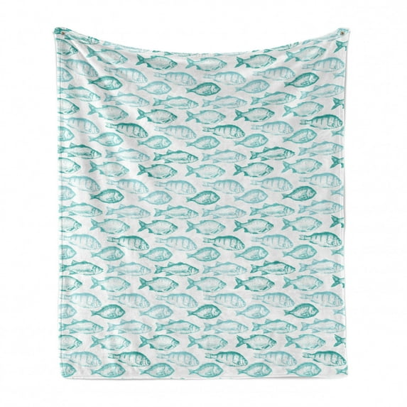 Bass Soft Flannel Fleece Throw Blanket, Repeating Pattern of Sketchy Fish Breeds in Aqua Color Palette, Cozy Plush for Indoor and Outdoor Use, 50" x 70", Dark Seafoam Aqua, by Ambesonne