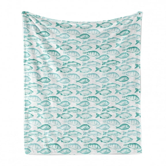 Bass Soft Flannel Fleece Throw Blanket, Repeating Pattern of Sketchy Fish Breeds in Aqua Color Palette, Cozy Plush for Indoor and Outdoor Use, 60" x 80", Dark Seafoam Aqua, by Ambesonne