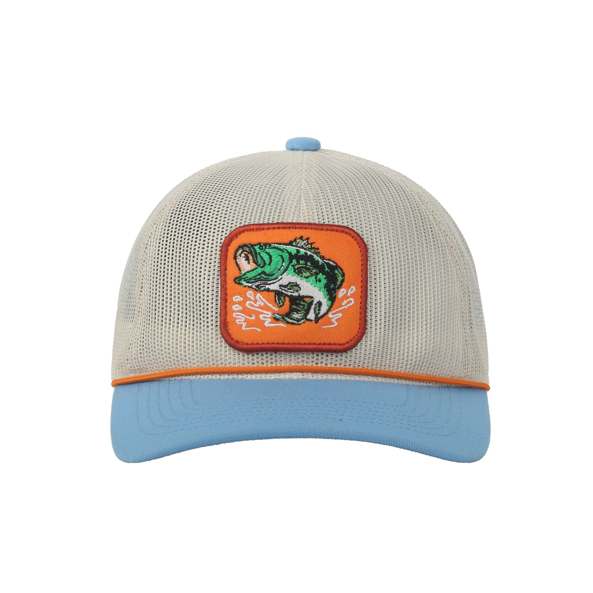 Putty/Blue Bass 6-Panel Cap – Unstructured Mesh Back, Bass Patch, Snapback, One Size