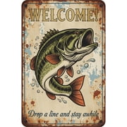 Bass Vintage Sign Welcome Fishing Tin Sign Lakehouse Decor Fathers Day Fisherman Bait Shop Sign Cabin Decor 12 * 8inch
