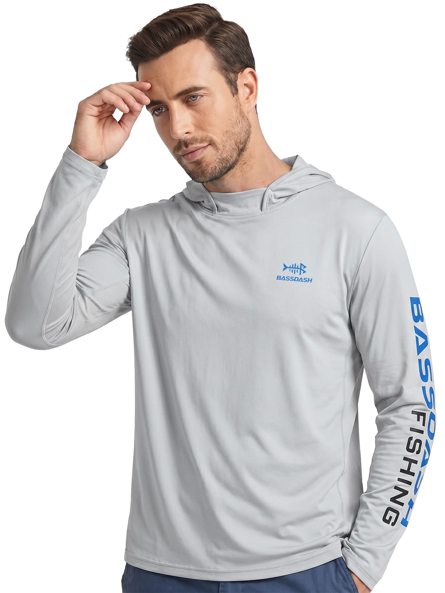 Bassdash Men's UV Sun Protection Hooded Long Sleeve Fishing Hoodie,Grey,XL