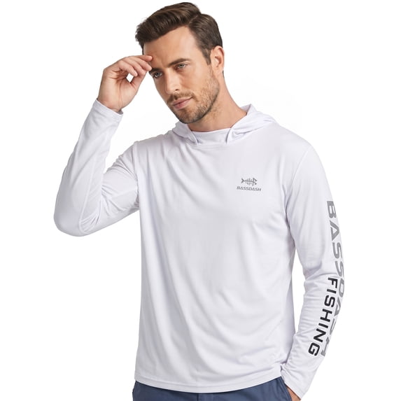 Bassdash Men's UV Sun Protection Hooded Long Sleeve Fishing Hoodie,White,M