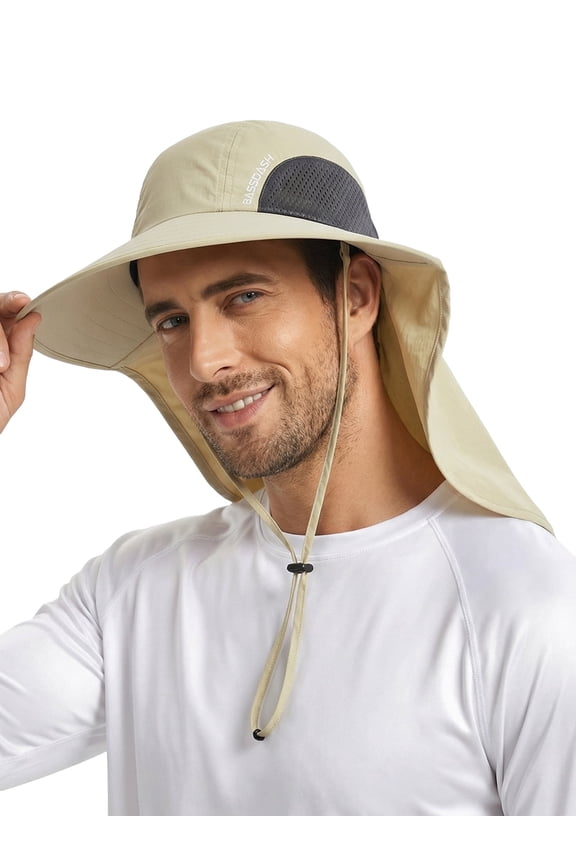 UPF 50+ Unisex Water Resistant Wide Brim Sun Hat with Large Neck Flap Ponytail Fishing Hat for Men Women