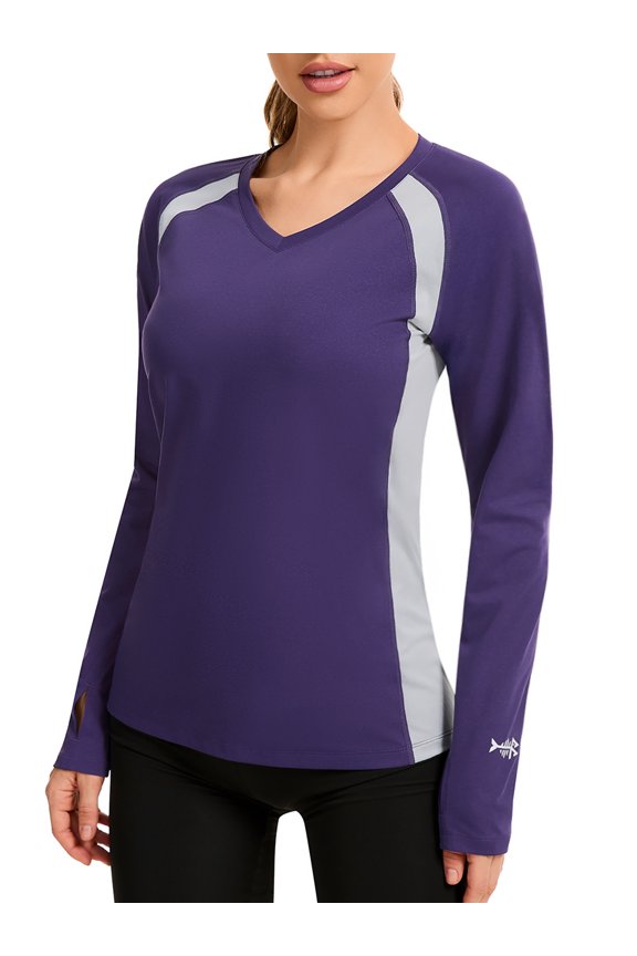 Women‘s UPF 50+ Wrinkle-free Fishing Shirt Long Sleeve V Neck Breathable Sun Protection T-shirt for Hiking SR01W