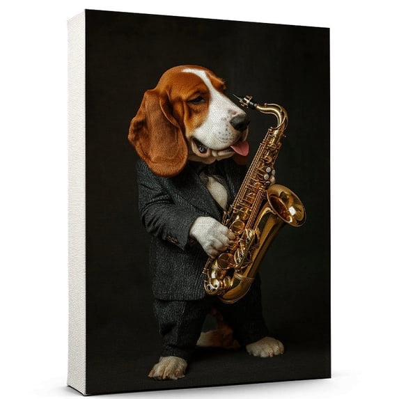 Basset Fauvede Bretagne Dog Playing Saxophone Stretched Canvas Size 8x12 – Music Dog, Perfect for Animal Lovers, Basset Fauvede Bretagne Dog Canvas, Saxophone Canvas Size Wall Art