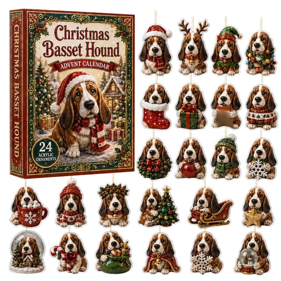 Basset Hound Advent Calendar 2026, 24 Days Christmas Countdown Calendar with 24 Cute 2D Puppy Ornaments, Dog Lovers Gift for Holiday Tree Decor