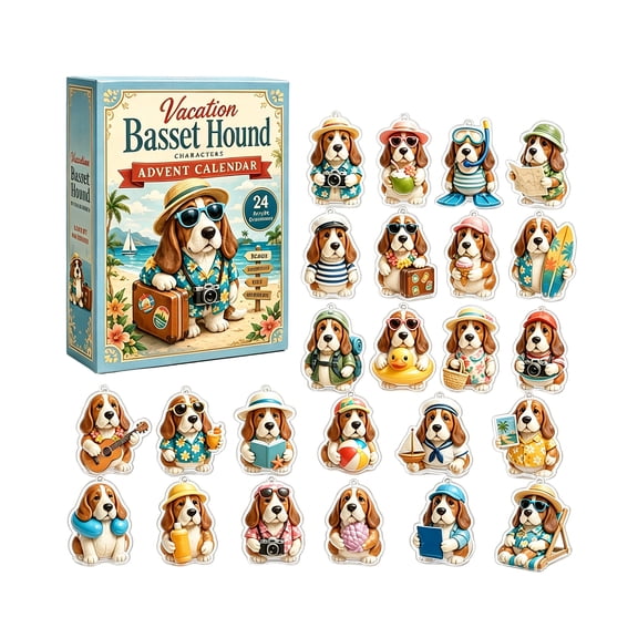 Basset Hound Advent Calendar - 24 Days Acrylic Countdown Blind Box, Vacation Dog Hanging Ornaments for Christmas Tree Decor & Holiday Gift