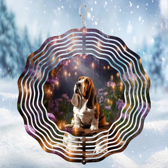 Basset Hound And Flowers Dog 3D Wind Spinner Stainless Steel Kinetic Hanging Decor